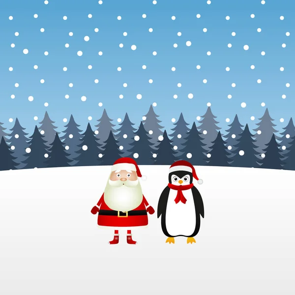 Babbo Natale e un pinguino in una foresta di Natale — Vettoriale Stock