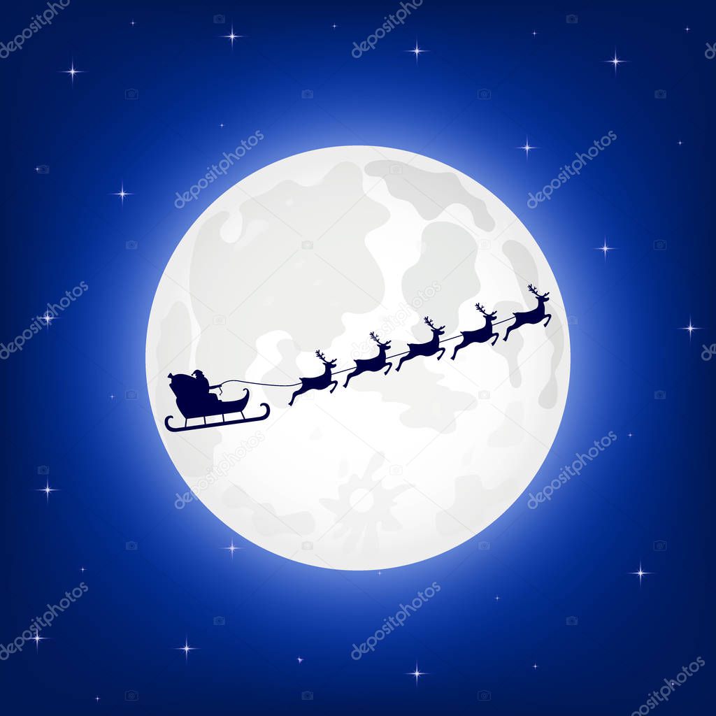 Santa Claus is flying in a sleigh on the northern Christmas deer