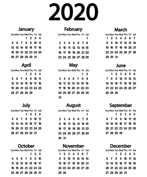 Calendario para el año 2020 en blanco — Vector de stock
