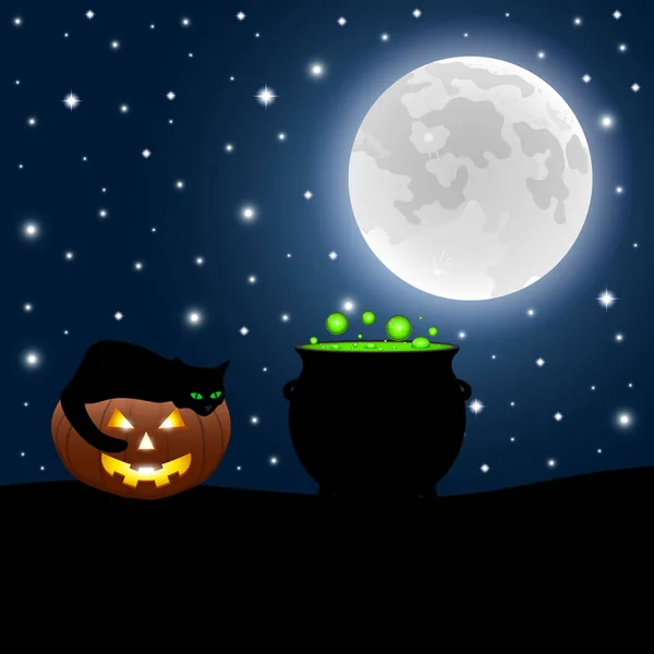Halloween heks potion en kat op boze pompoen lantaarn op Halloween — Stockvector