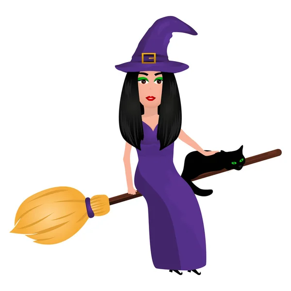 Witch with a cat on a broomstick for Halloween isolated on white — Stock Vector
