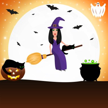 Yarasalar ile ayın arka planına karşı Cadılar Bayramı için süpürge sapı üzerinde bir kedi ile Cadı.