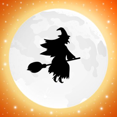 Ay arka plan karşı Cadılar Bayramı için bir süpürge sopa üzerinde Cadı