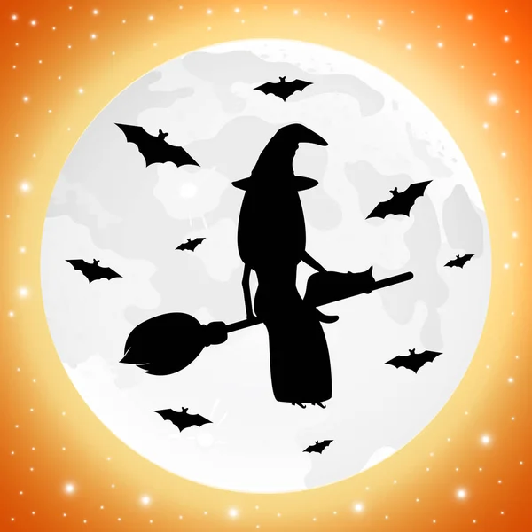 Heks met een kat op een bezemsteel voor Halloween tegen de achtergrond van de maan met vleermuizen. — Stockvector