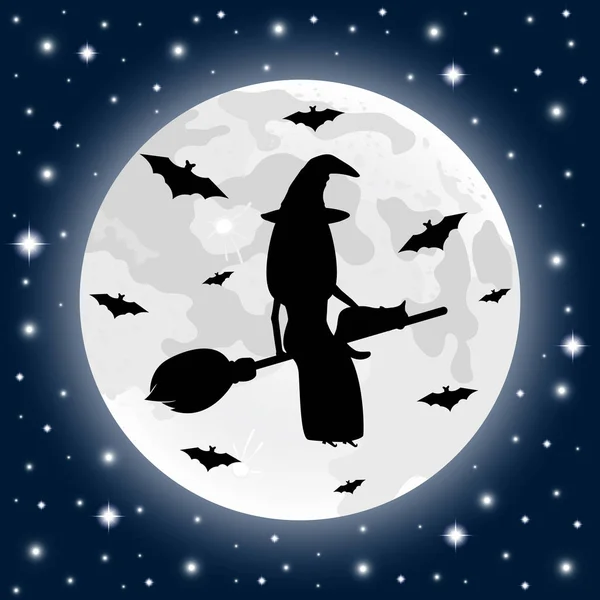 Happy Halloween op een maanlicht achtergrond heks met een kat in een donkere schemering nacht — Stockvector