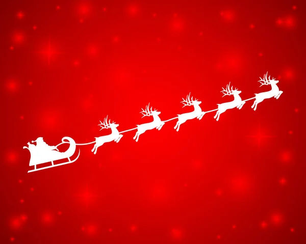 Les rennes de Noël portent le Père Noël dans un traîneau avec des cadeaux. silhouette sur fond rouge — Image vectorielle