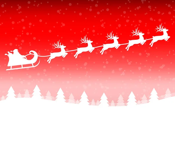 Weihnachtsmann im Schlitten mit Rentiergespann fliegt in den Weihnachtswald — Stockvektor