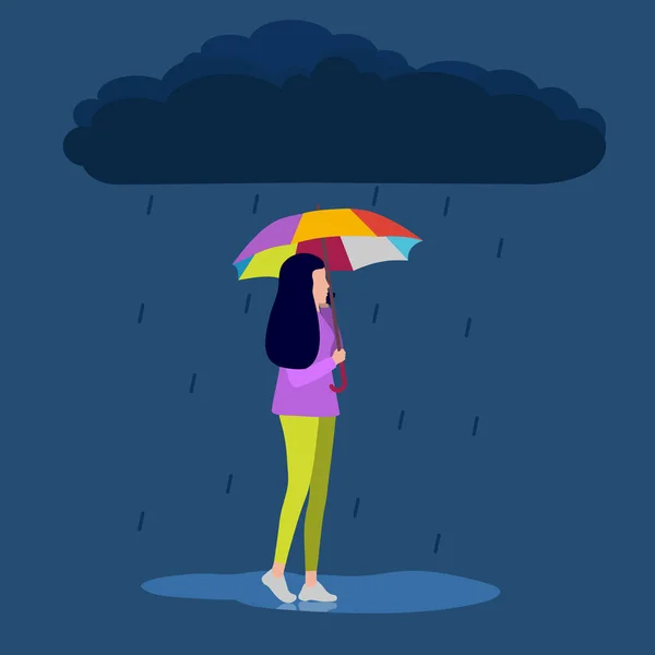 Mujer está hablando por teléfono y caminando por la calle bajo la lluvia. Ilustración vectorial, diseño plano. — Vector de stock