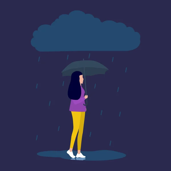 Mujer está hablando por teléfono y caminando por la calle bajo la lluvia. Ilustración vectorial, diseño plano. — Vector de stock