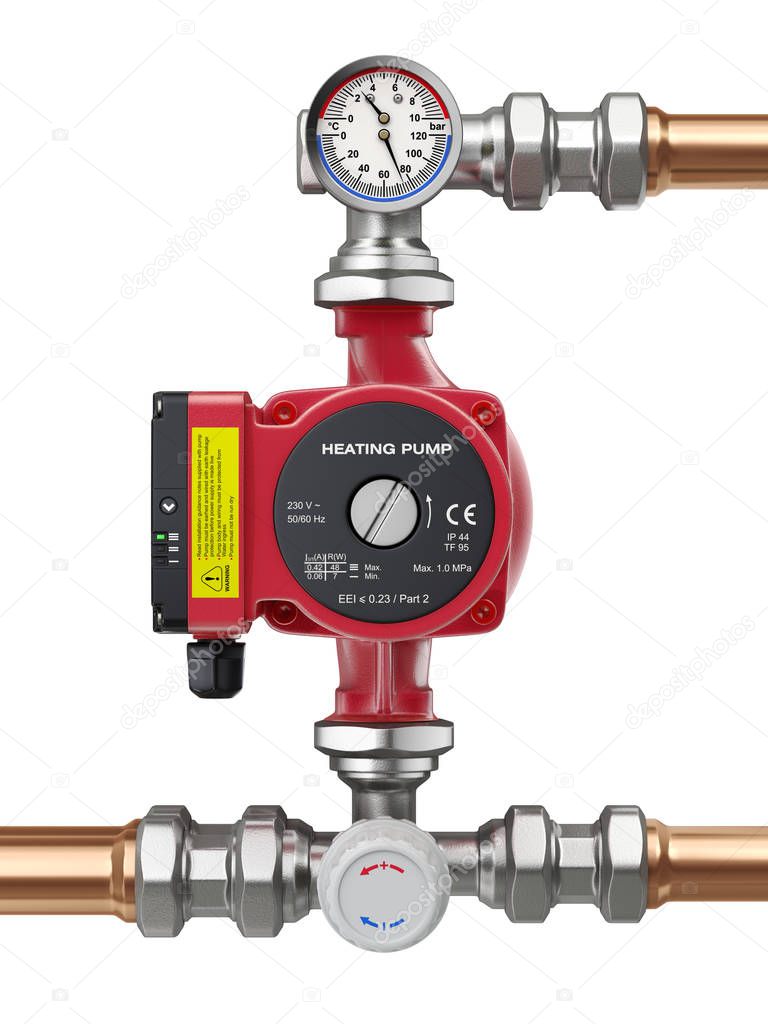 Heating water pump with manometer, thermometer and valve - 3D illustration