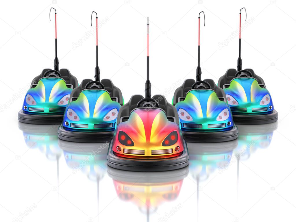 Leadership concept with electric bumper cars over white reflective background - 3d illustration