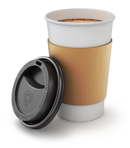 Open take-out coffee in thermo cup with the lid - 3D illustration