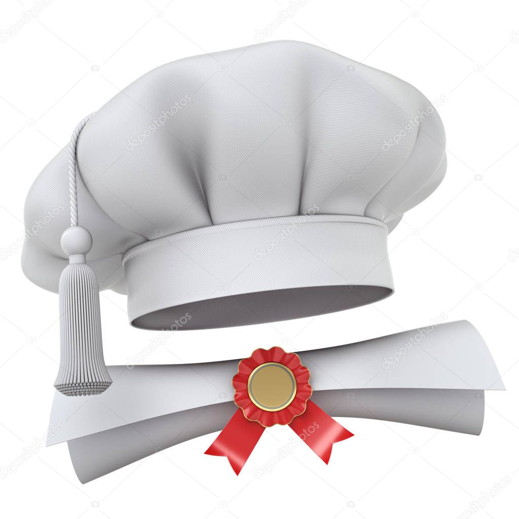 Cooking school concept with chef hat and diploma - 3D illustration