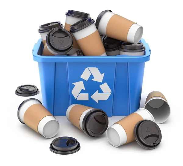 Kaffeetasse Zum Ausnehmen Blauer Recyclingkiste Auf Weißem Hintergrund Illustration — Stockfoto