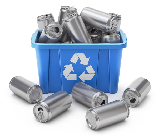 Getränkedosen Blauer Recyclingkiste Auf Weißem Hintergrund Illustration — Stockfoto