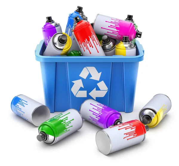 Spray Cans Blue Recycle Crate White Background Illustration — Stock Photo, Image