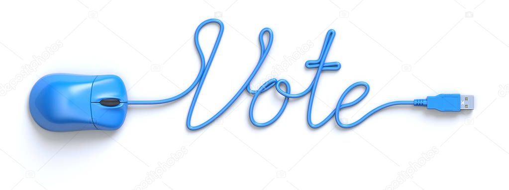 Blue mouse and cable in the shape of Vote word - 3D illustration