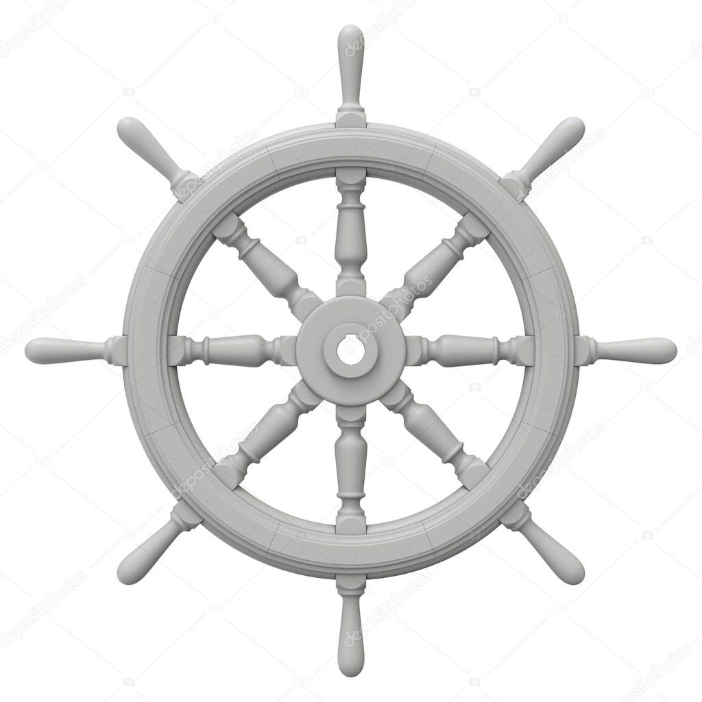 Clay render of ship steering wheel isolated on white background - 3D illustration