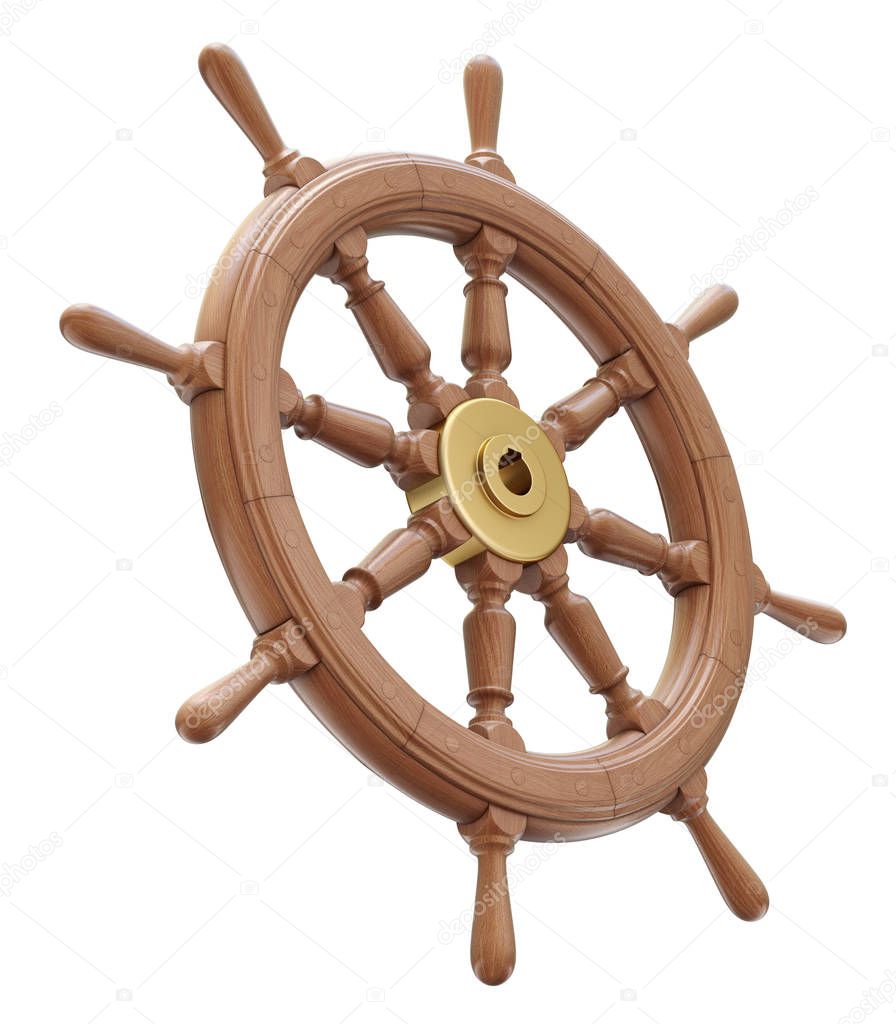 Wooden ship steering wheel isolated on white background - 3D illustration