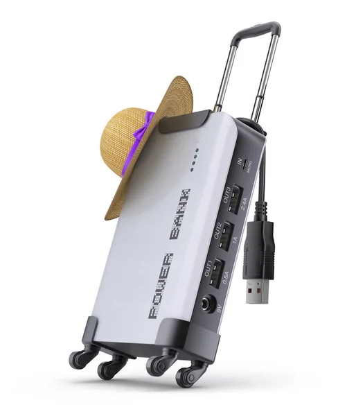 Power Bank Travel Concept Power Bank Hat Suitcase Frame — Stock Photo, Image
