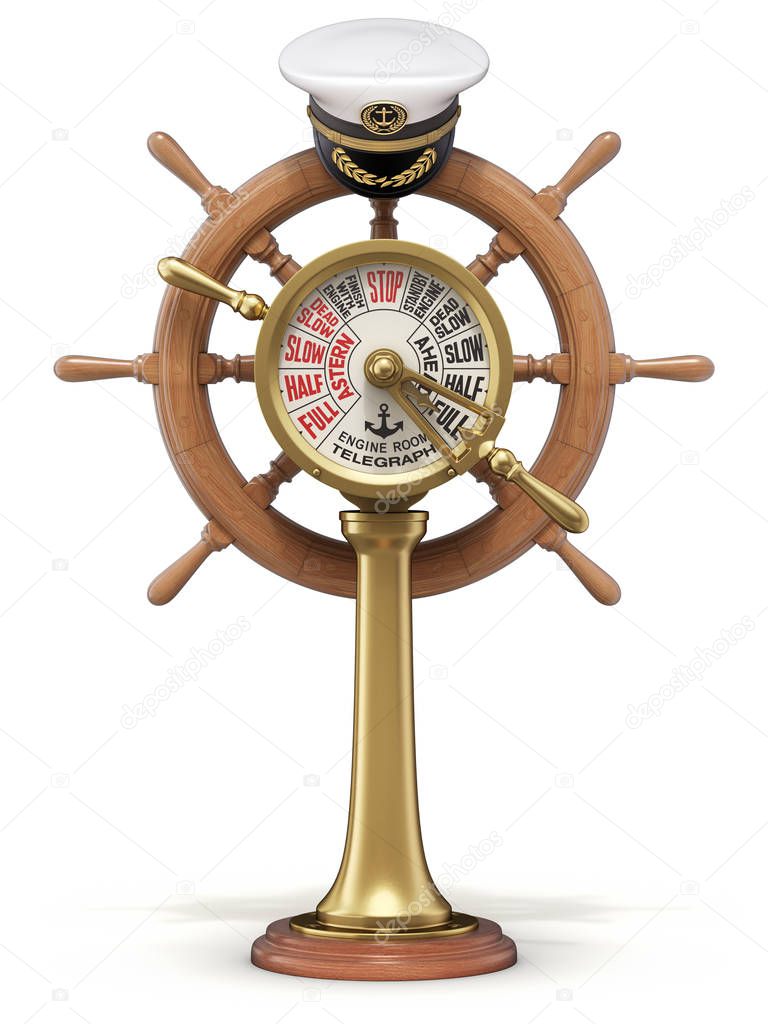 Sailing concept with ship steering wheel, engine room telegraph and navy captain hat - 3D illustration
