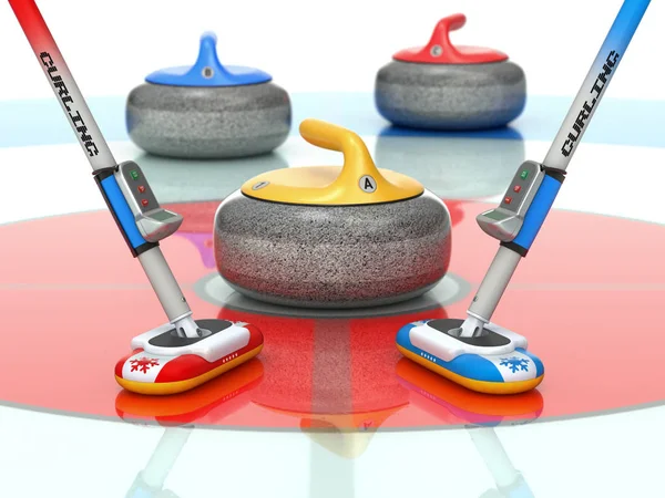 Curling Szene Mit Zwei Curling Besen Und Steinen Illustration — Stockfoto