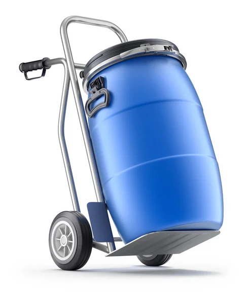 手推车与蓝色塑料桶 — 图库照片