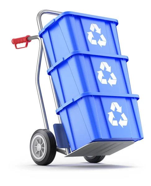 Hand Vrachtwagen Met Blauwe Plastic Recycle Kist Illustratie — Stockfoto