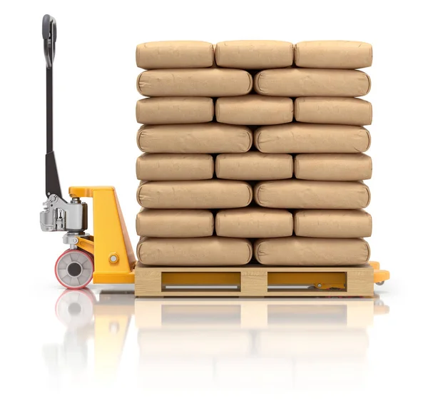 Cement Bags Pallet Jack White Reflective Background Illustration — Stock Photo, Image