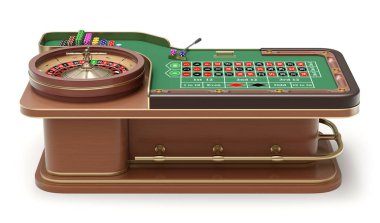 Cips, raf ve rulet tekerleği ile rulet masayan görünümü - 3d illüstrasyon