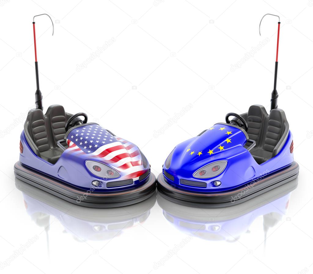 USA versus EU business concept with bumper cars and flags - 3D illustration