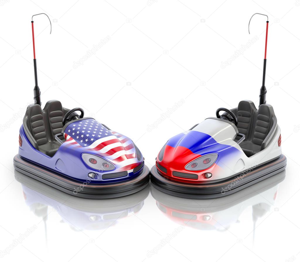 USA versus Russia business concept with bumper cars and flags - 3D illustration