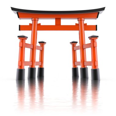 Dalgalı yansıtıcı arka plan üzerinde yan sütunları ile Geleneksel Japon yüzen torii kapısı - 3d illüstrasyon