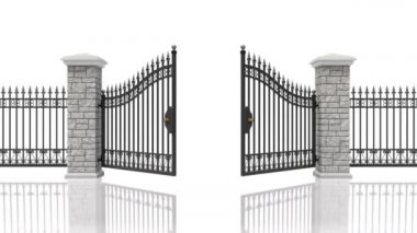 Beyaz yansıtıcı arka planda demir kapı açılıyor - 3 boyutlu canlandırma sorunsuz bir döngü oluşturur