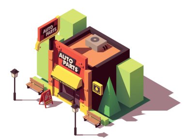 Vektör izometrik otomatik parça dükkanı