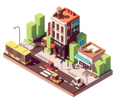 İzometrik otel binası neon tabela ile vektör, ilgili reklam Pano ve turistik bilgi merkezi seyahat