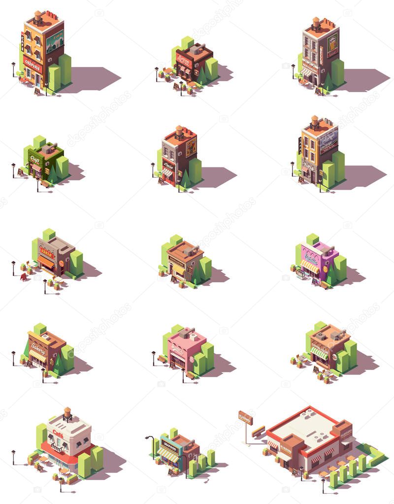 Vector isometric restaurants types icons