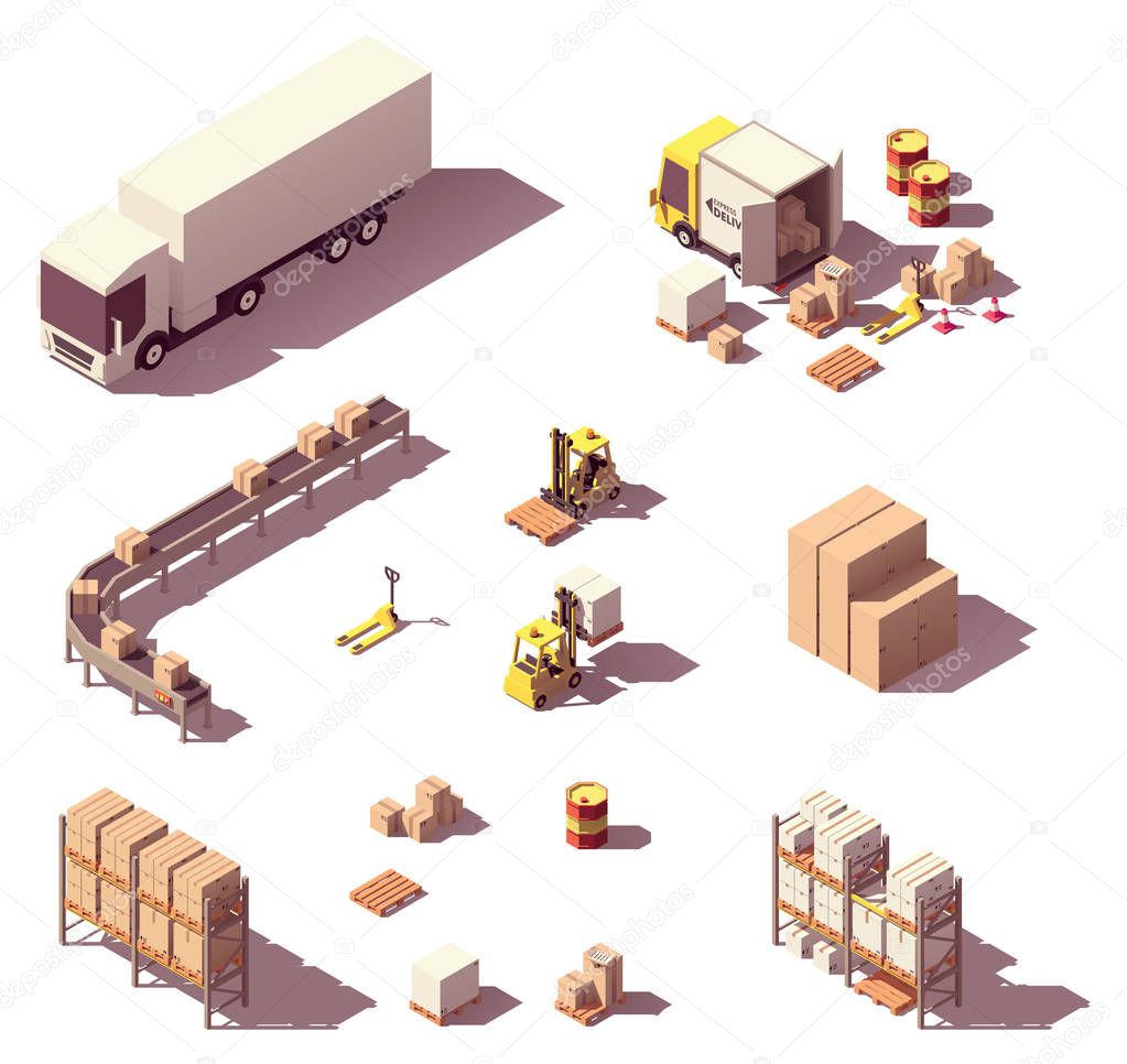 Vector isometric low poly warehouse equipment
