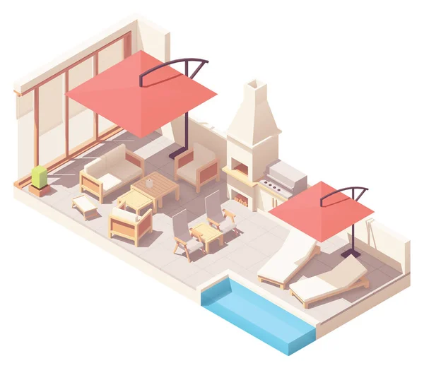 Patio isométrico vectorial con barbacoa y piscina — Vector de stock