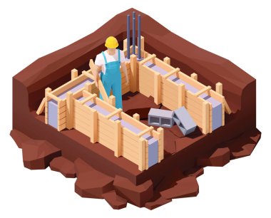 Isometric house foundation works clipart