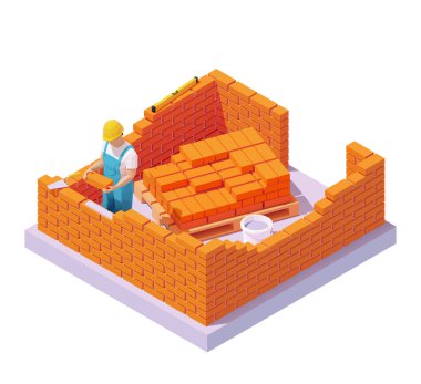 Bricklayer building brick wall vector