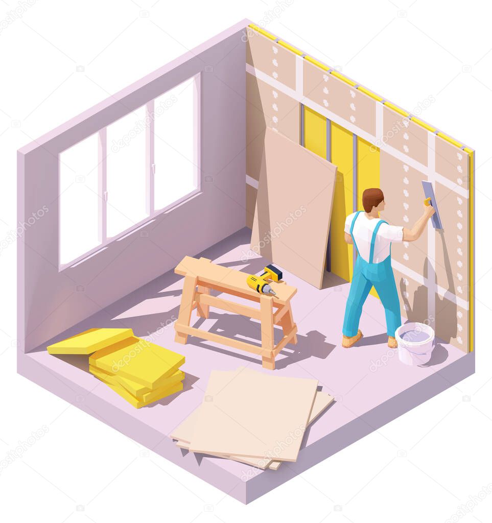 Vector isometric worker plastering wall