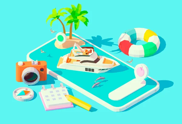 Vector isometric yacht booking app illustration — 스톡 벡터