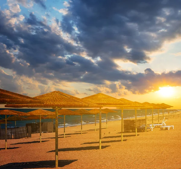 Fila Sombrilla Playa Atardecer — Foto de Stock