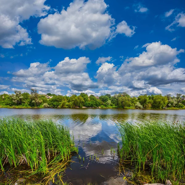 Lugn Liten Flod Molnig Himmel Landsbygdens Scen — Stockfoto