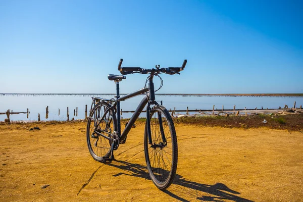 Элегантный Велосипедный Отдых Песчаном Берегу Озера — стоковое фото