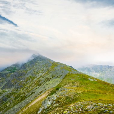 gün batımı bir arka plan üstüne yeşil Dağı
