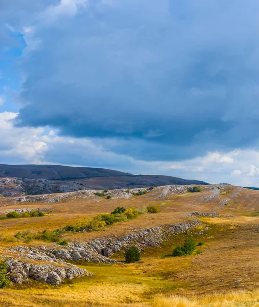 Herfst Scène Bergplateau Met Droog Gras Onder Een Dichte Wolken — Stockfoto