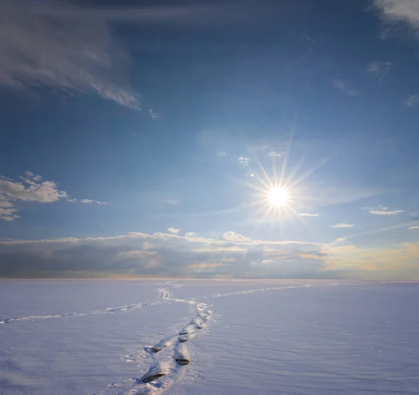 Tranquilla Pianura Invernale Una Neve Tramonto — Foto Stock