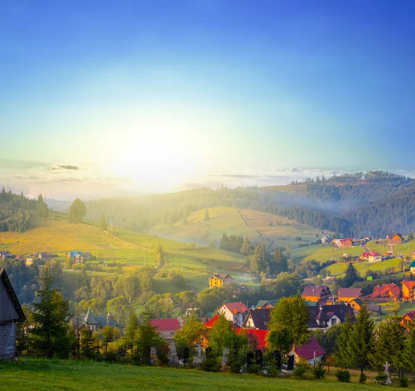 Petit Village Dans Une Vallée Montagne Petit Matin — Photo